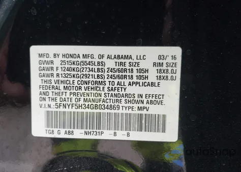 2016 Honda Pilot Ex z USA, uszkodzony, nr VIN 5FNYF5H34GB034869